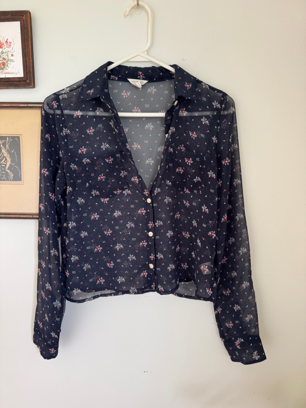 Aeropostale Navy Sheer Floral Button-Up Blouse retro and cute XS